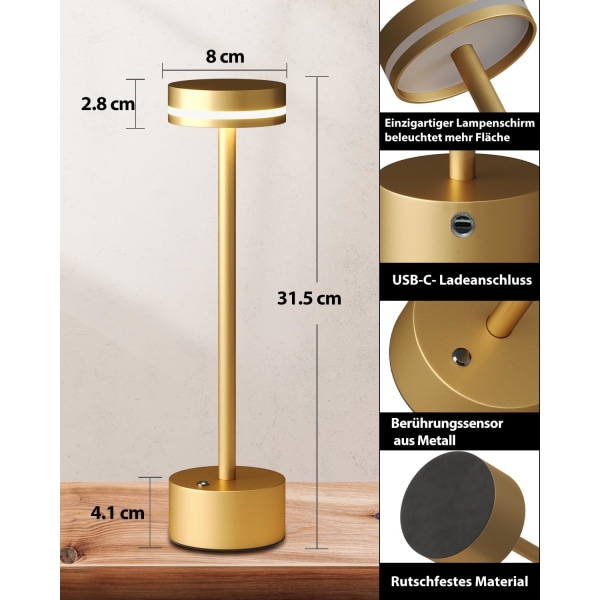 LED-bordslampe med berøringsbryter, trådløs, oppladbar, batteri, full aluminiumslampehus, 3-trinns dimming, 1800 mAh batteri, 3000 K varmt lys gold