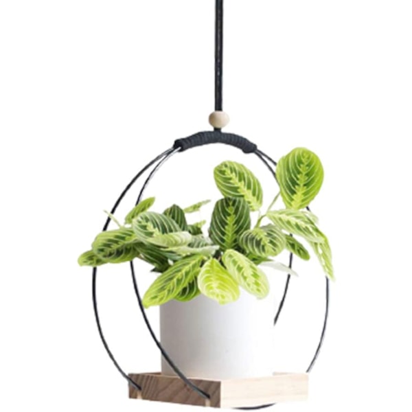 Hengende Planter med Tretrebunn, Makrame Hengende Planteholder, Dekorativ Blomsterpotteholder, Plantehengende Potte for Vegg, Vindu, Boho Hjemmedekor black