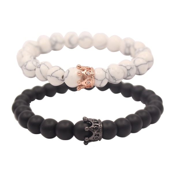 Avstandspararmbånd med King&Queen Crown His&Hers Black Matte Agate Beads Armbånd