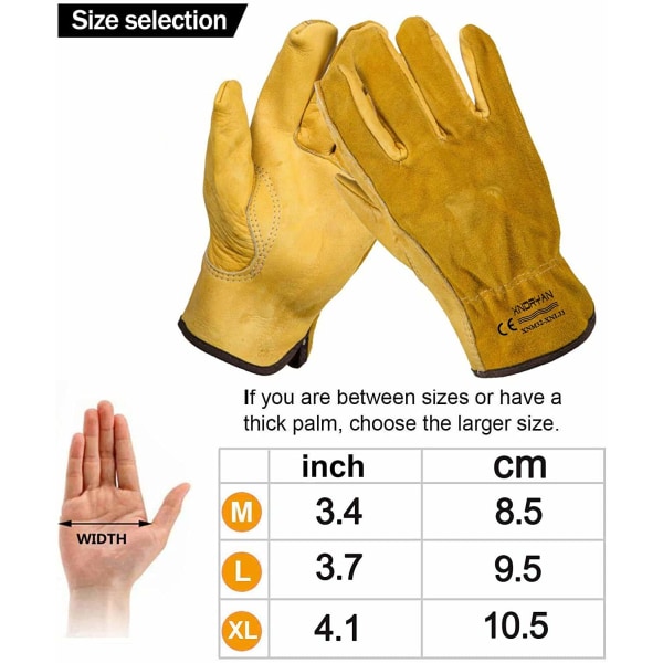 Arbetshandskar i kohudläder, för förare, gör-det-själv, trädgårdsarbete, förvaring, jordbruksarbete, multifunktion (L, gul) L