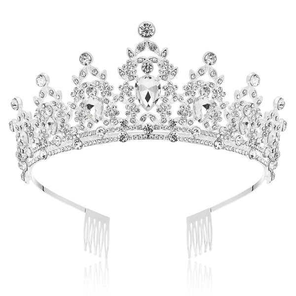 Tiara krystallkrone med rhinstenkam for brudeskrone, bryllup, ball, skjønnhetskonkurranse, prinsessefester, bryllupstiara, tiara barn, prinsessekrone SILVER