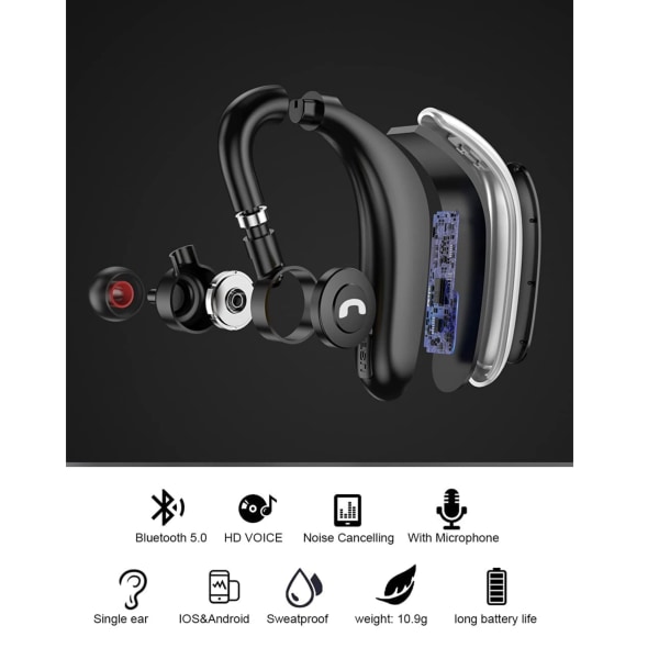 Bluetooth V5.0 Headset Ultralätt trådlösa öronsnäckor, [Business Style] Trådlöst öronsnäcka med inbyggd mikrofon Bluetooth-hörlurar Headset（svart） Black