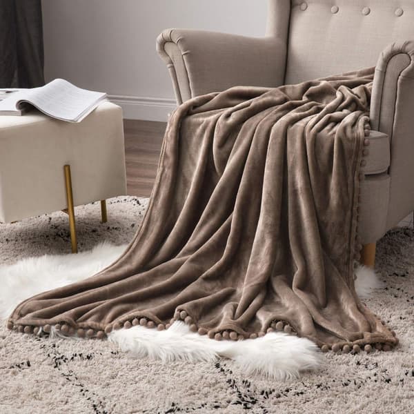 Blød tæppe, fleece tæppe, flanel tæppe med pomponer, almindeligt tæppe, sofatæppe, fluffy tæppe, mikrofiber sengetæppe, sofatæppe, tæppe coffee