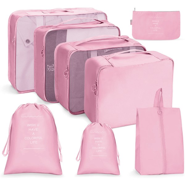 8-delt koffert arrangør reiseklær poser sett, pakkekuber koffert arrangør bager reisesett, ryggsekk pakking kuber for ferie pink