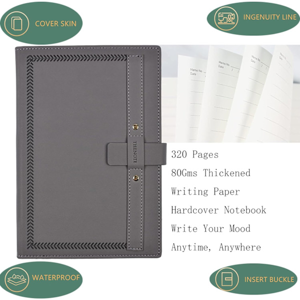 A5 Ruled Notebook, Kreativa insats spänne anteckningsböcker, Tjockt linjerat papper Kompositionsbok 320 sidor för kontor skola hem, 14,5 x 21 cm (grå) Gray