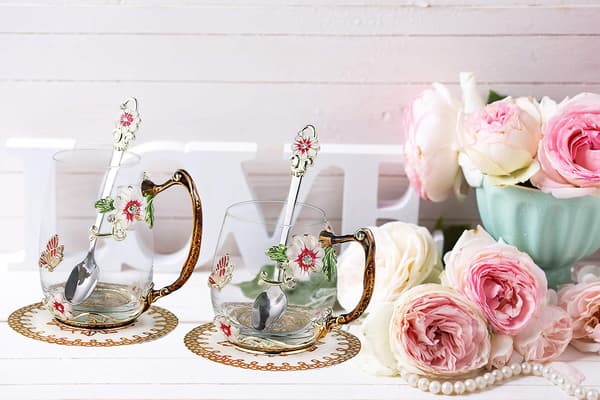 Blomster tekoppar, glasmugg med skedset, årsdagar, bröllop, förlovningar, (fjärilsblomma rosa kort 12oz)