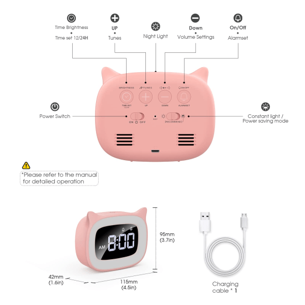 Digital vekkerklokke for barn, vekkerklokke med lys, dobbel vekkerklokke, LED nattlys jentevekkerklokke, radioklokke med slumrefunksjon 18 musikk pink