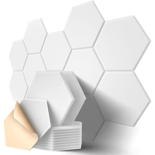 Hexagon akustiske paneler selvklebende, pakke med 12 høydensitets lydabsorbenter for tak/dør/veggdekorasjon og akustisk behandling white