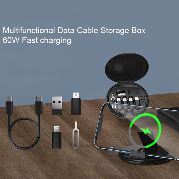 Multifunksjonell datakabeloppbevaringsboksadapter for Lightning, USB-C og Micro-USB-enheter Universell dataoverføringskabel (hvit)