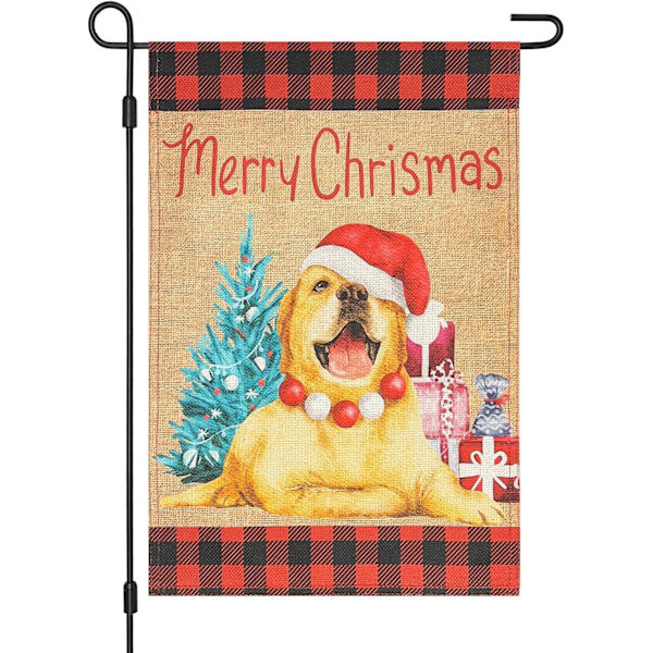 Glædelig Jul Burlap Haveflag, Dobbeltsidet 12×18 Tommer Juletræ Golden Retriever Hund