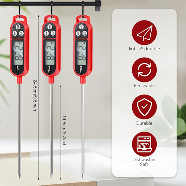 6 kpl Pikaluettava Lihan Lämpömittari Pitkällä Anturilla 9,65 Tuumaa Keittiön Ruuan Keittoa Varten Makeisten Lämpömittari Vedenkestävä Digitaalinen Lämpömittari (Punainen)
