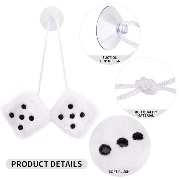 Auton roikkuva karvainen noppa 6 cm Auton peilin roikkuva pörröinen roikkuva auton peilin roikkuva pörröinen karvainen noppapari roikkuva pari auton riipus (valkoinen) White
