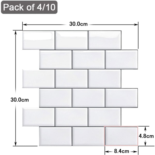 Självhäftande kakel för kök och badrum, imiterat kakel, vitt, 4 ark (svart) 2