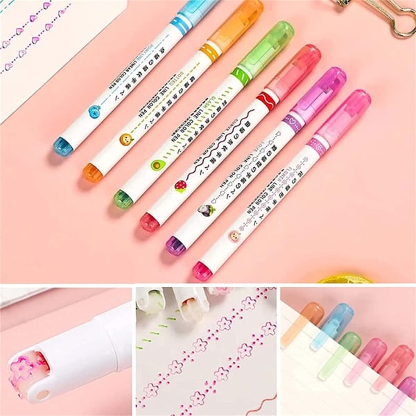 Curve Highlighter Pen Set, 6 farvede dobbeltspidsede kurvepenne, der laver designs, notesbøger, planlægningskuglepenne, kurveformer