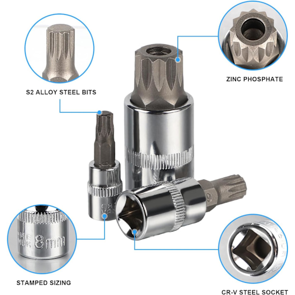 Torx-urosliitin 1/2'', 1/4'', 3/8'', 6-pisteen Torx-kärki T8 T10 T15 T20 T25 T27 T30 T40 T45 T50 T55 T60 T70, Allen-liitin