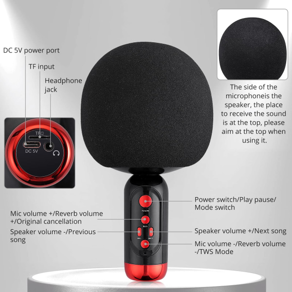 Bluetooth Karaoke Mikrofon med TWS Duet Bluetooth 5.0 Inbyggd Högtalare Bärbar Handhållen Mikrofon Stöd TF