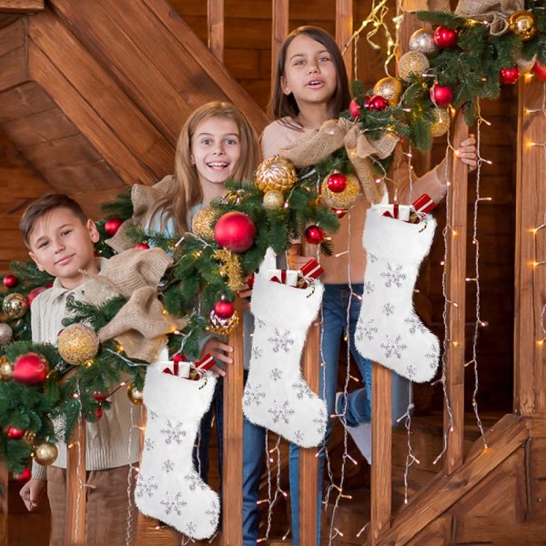 3 pakke julestrømper, hvid imiteret pels store plys hængende glitter snefnug julestrømper til julefest Pejs dekorationer40*18cm