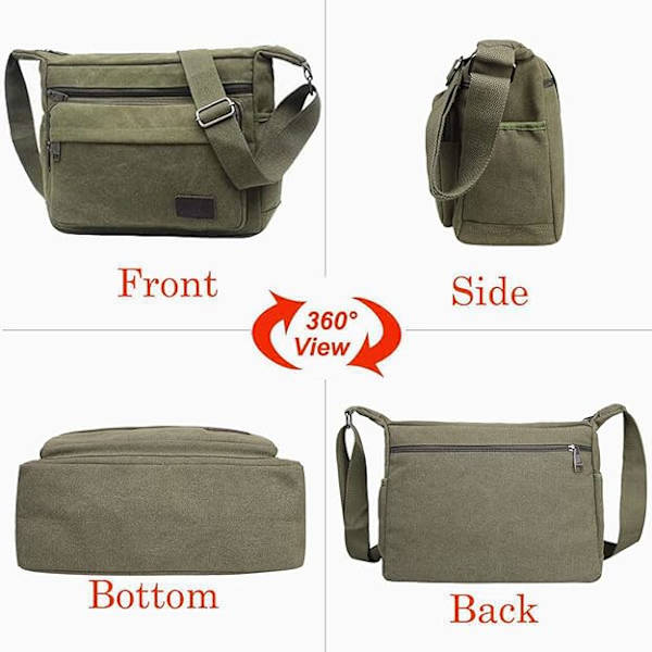 Vanntett Messenger Skulder Bag, Multi Lommer Canvas Crossbody Bag for Menn, for Utendørs Fiske Camping Fotturer Reise Arbeid Daglig Bruk (Grønn) ArmyGreen