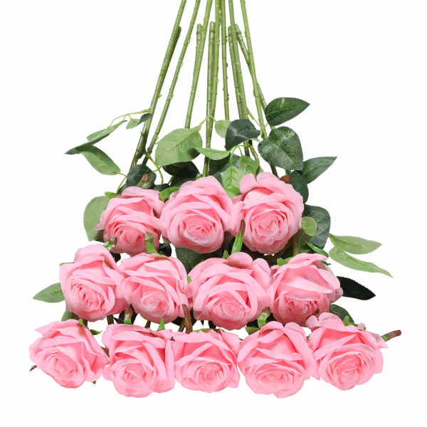 12 kpl keinotekoisia ruusuja, 19,68'' yksi pitkävarsi tekoruusu silkki morsiuskimppu Realistinen kukka kotipuutarhajuhliin (ruusuja, vaaleanpunainen) light pink