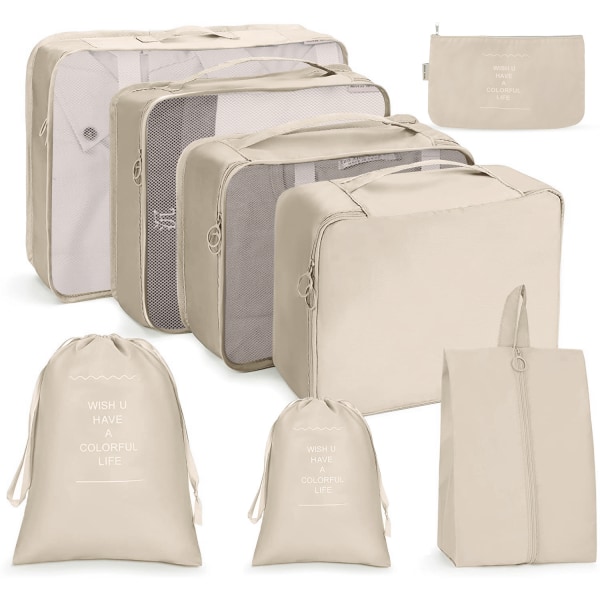 8-delad resväskeorganisatör resekläder väskor set, packningskuber resväskeorganisatör panniers reselset, ryggsäck packningskuber för semester beige