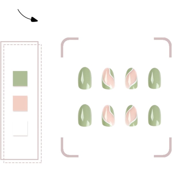 24 stk falske negler - Almond Medium Long French Press på negler - Grønn bølgedesign falske negler med manikyrverktøysett - Stick på negler for kvinner