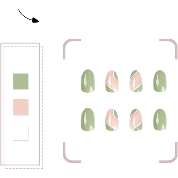 24 stk falske negler - mandel middels lang fransk trykk på negler - Green Wave Design falske negler med manikyrverktøysett - Stick on Nails for Women