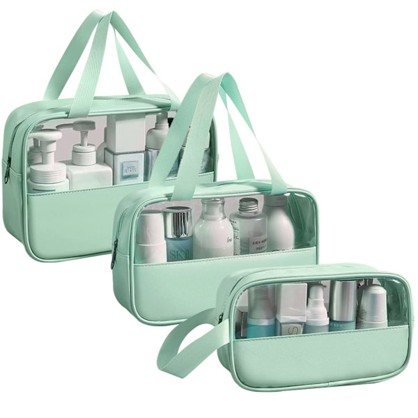 Transparent kosmetisk väska, 3-pack, vattentät PVC necessär för kvinnor, lätt sminkväska för kosmetika, necessär resekit green