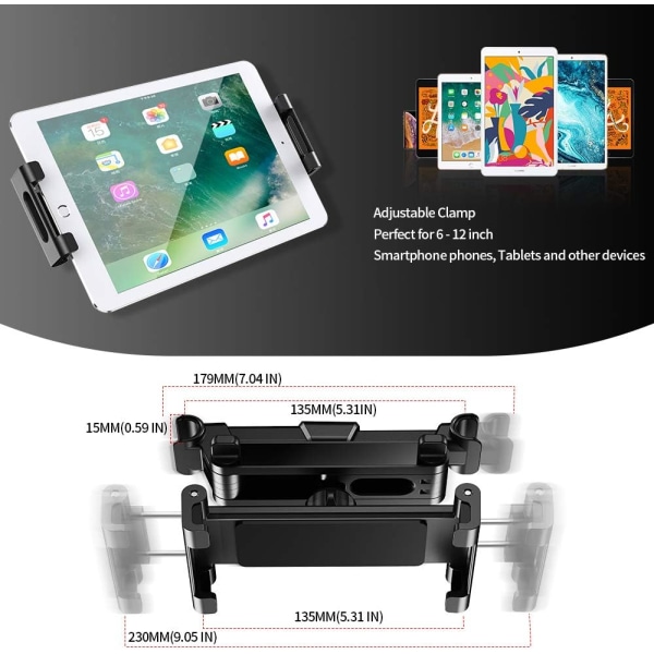 Auton tablettipidike, autotabletin pidike Universal auton niskatuki 360° kääntyvä, säädettävä koko 6-12 tuumaa iPadille