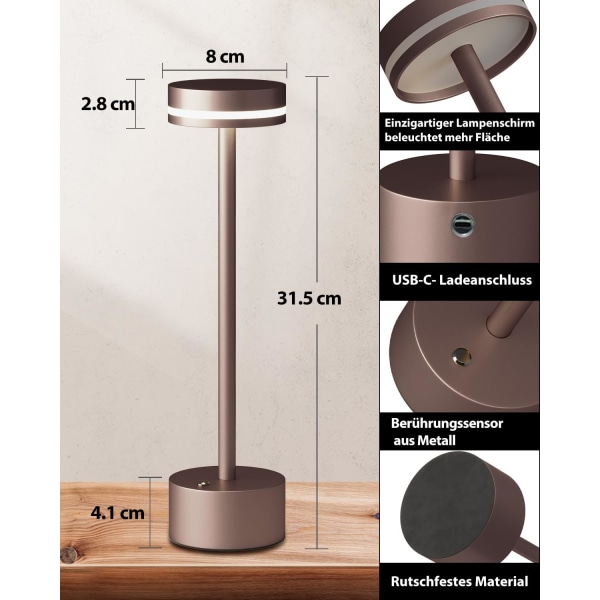 Genopladelig LED-bordlampe med trådløst batteri og touch-kontakt, fuld aluminiumslampehus, 3-trins dæmpning, 1800 mAh batteri, 3000K varmt lys coffee