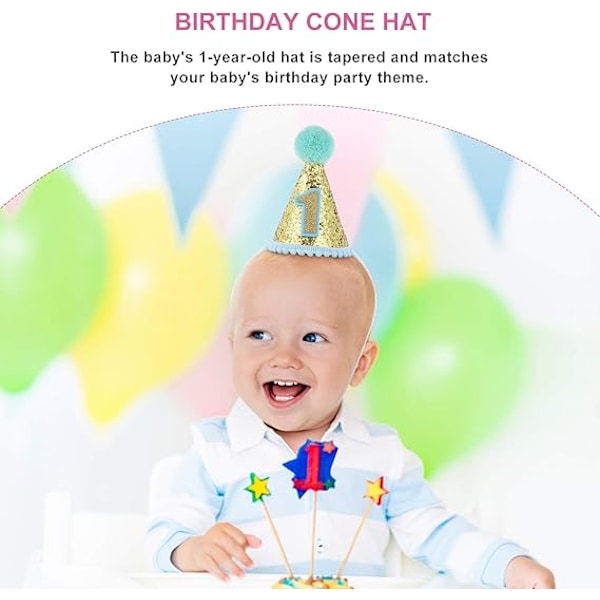 Födelsedagshätta Glitterkonhatt Justerbar Tiara Hårband Glittrande Prinsessa Födelsedagshätta för Baby Flicka Pojke, Blå-1