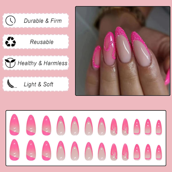 Mandel falske negle medium, 24 stk. Rose Red Glitter franske falske negle, Ballerina tryk på negle med negle lim klistermærker