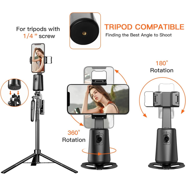 Gimbal-stabilisator til smartphones, automatisk ansigtssporingsstativ 360° rotation, ingen app, Selfie Stick-telefonstativ med en højkapacitets 10-timers batter