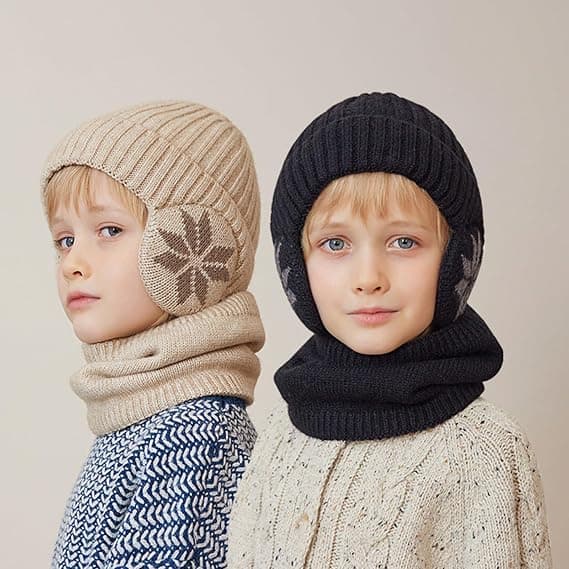Vinterfleecescarfset för barn, småbarn pojkar flickor vinter varm stickad mössa och halsduk set, mörkgrå