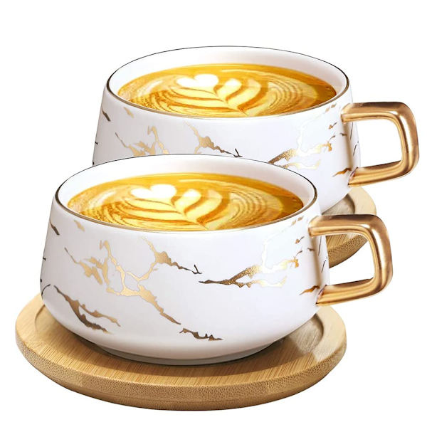 2 stk. Cappuccino kopper med underkopper, 300 ml porcelæn espressokopper til te, kaffe, cappuccino, kaffekopper med træskive (hvid*2) White*2