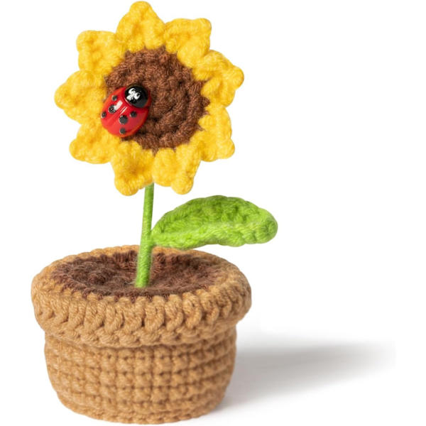 Solsikke Hæklet Potteblomster, Små Kunstige Blomsterpotte Håndstrikket Hæklet Gave til Hjem Kontor Skrivebords Pynt (1 blad)