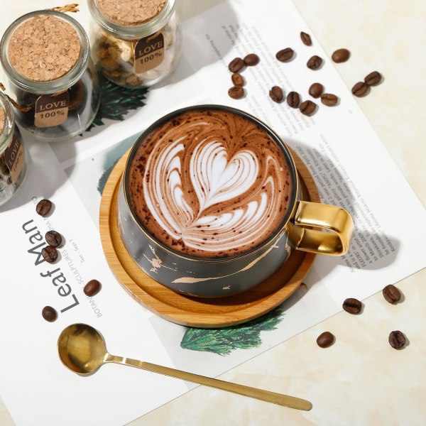 Marmor keramiske kaffekrussæt tekop med ske træskåle, Valentinsdag Mors dag dimission Fødselsdagsgave julegaver