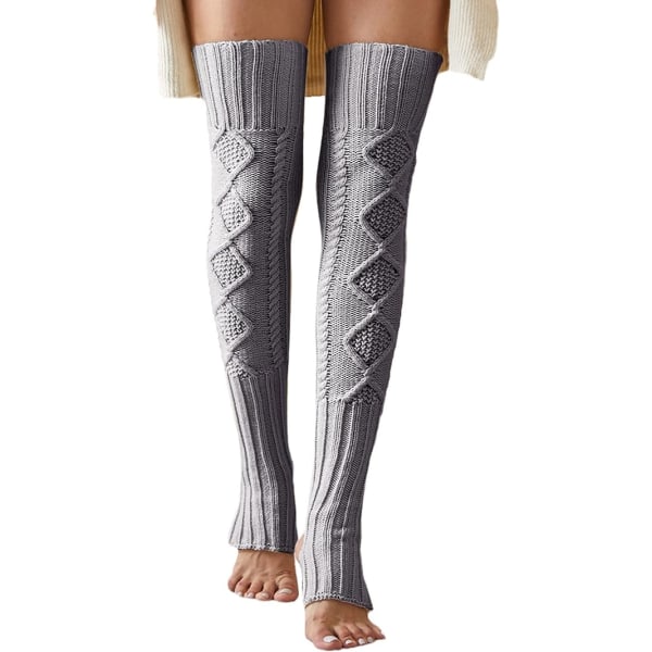 Kvinders ekstra lange benvarmere vinterstrikket over knæet Lår Høje fodløse sokker grey