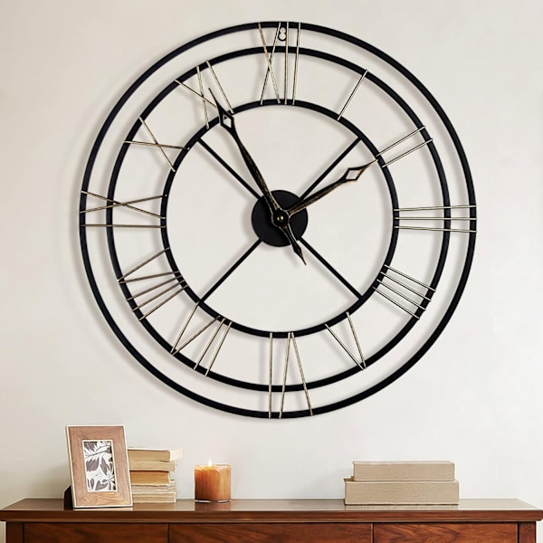 Suuri seinäkello musta, vintage roomalaiset numerot koristeellinen metallikello lähes äänetön moderni kodinsisustus ihanteellinen ulkoseinäkello koristeellinen olohuone 60cm