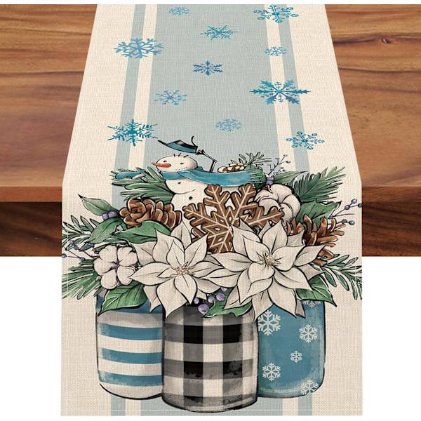 Vinter Poinsettia Bordløber, Mason Jar Snemand Pinjekone Snefnug Blå Stribet Køkken Spisestue Bord Dekoration 13x72 Tommer