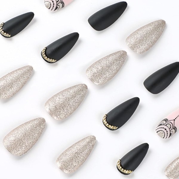 24 kpl tekonkynnet keskikokoiset, Stiletto Frosted Stick on Nails Black Press on Nails with Glue Stickers, Glitter Removable Glue-on Nails Fake Nails Set
