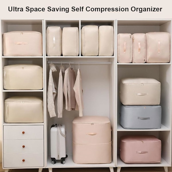 Ultra Space Saving Självkomprimerande Organiseringsväska, Packpåsar för Dunjacka, Täcke, Kläder, Filtar (Blå, L för Kläder)