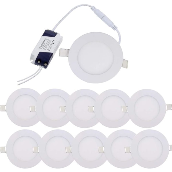 10 stk. 6W LED-downlight, koldt hvidt lys 6000K, slankt panel, rundt LED, ultrafladt