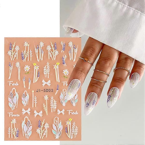 3 st 3D-präglade nageldekaler med blommor och blad