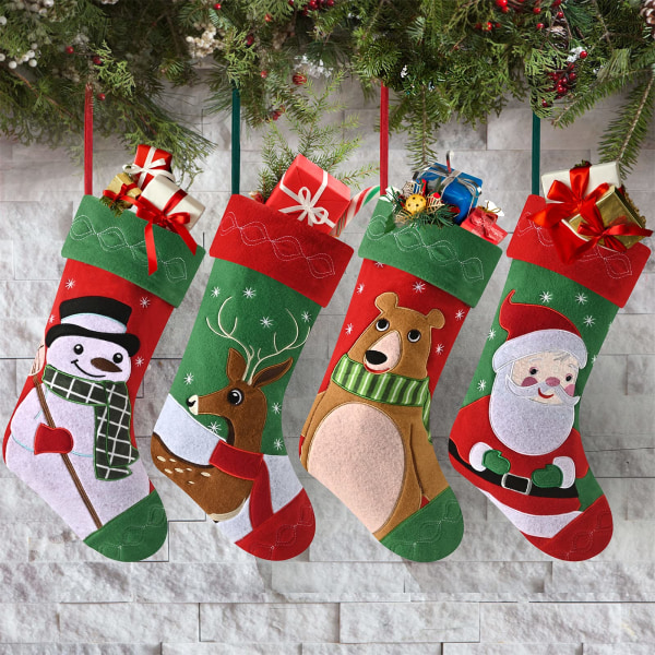 Julestrømpesæt med 4, stor julemandsstrømpe, personlige julestrømper, rød julepynt strømpe slikpung ornamenter