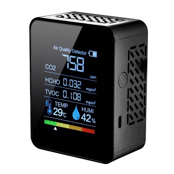 5-in-1 hiilidioksidimittari, sisäilman laadunvalvontalaite, digitaalinen CO2-, TVOC-, HCHO-, lämpötila- ja kosteusmittari taustavalolla (musta)