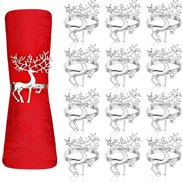 12 stk. julereinsdyrserviettringer, 6 cm sølv elg serviettholdere reinsdyrserviettspenne til julelunsj Thanksgiving Party