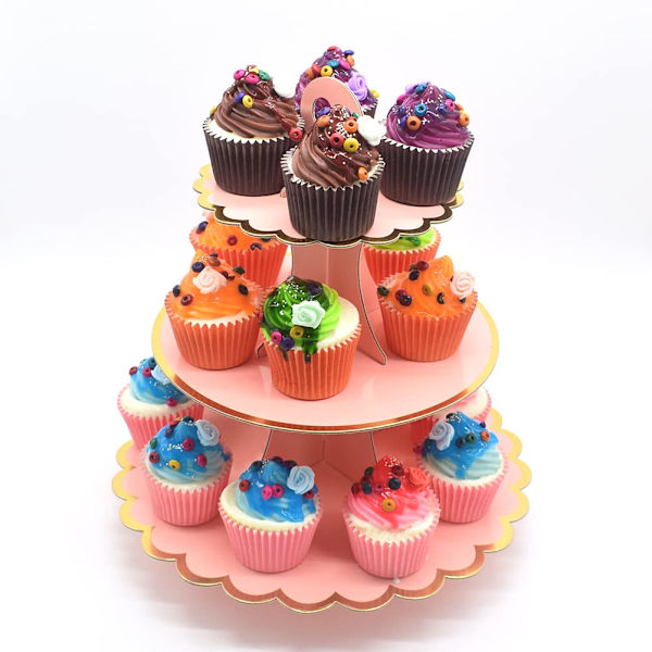 3-kerroksinen pahvinen cupcake-teline, kertakäyttöinen cupcake-näyttötorni juhlapyhiin, häihin, syntymäpäiväjuhliin, ruusukulta Pink