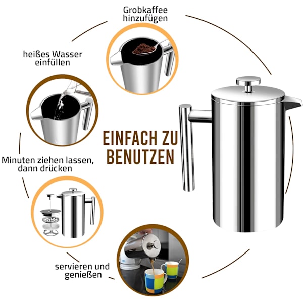 Fransk Press Kaffemaskine - 1000 ml - Kaffemaskine med tredobbelt rustfrit stålfilter og isolerede vægge
