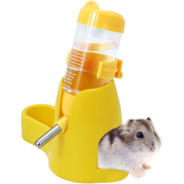 3-in-1 Hamsterin riippuva vesipullo lemmikkieläinten automaattinen annostelija pohjalla kääpiöhamsterille, hiirille, rotille ja siileille (80 ml, keltainen)