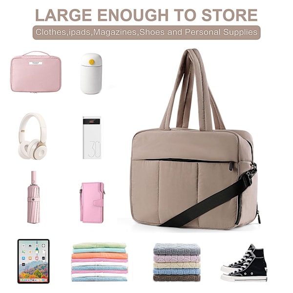 Reise Duffel Bag, Quilted Nylon Luggage Gym Bags Puffer Tote Bag for Women Vanntett Håndbagasje med Skoskuff Overnatting Bag